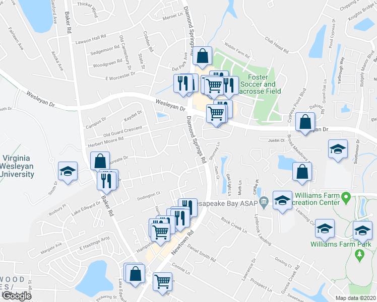 map of restaurants, bars, coffee shops, grocery stores, and more near 800 Tuition Drive in Virginia Beach