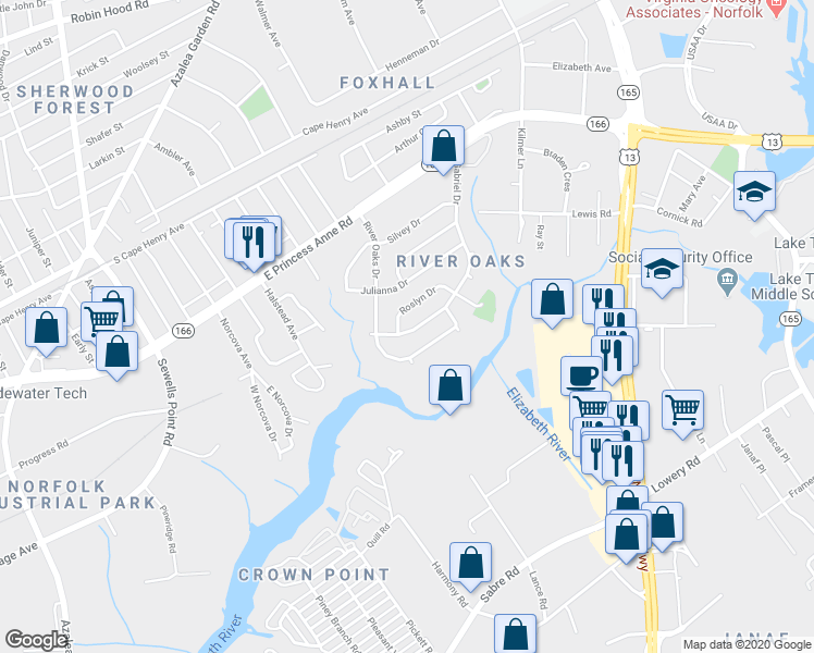 map of restaurants, bars, coffee shops, grocery stores, and more near 1320 Gabriel Drive in Norfolk