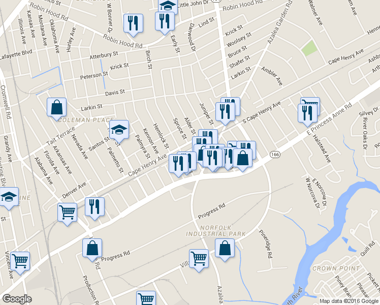 map of restaurants, bars, coffee shops, grocery stores, and more near 1556 Birch Street in Norfolk