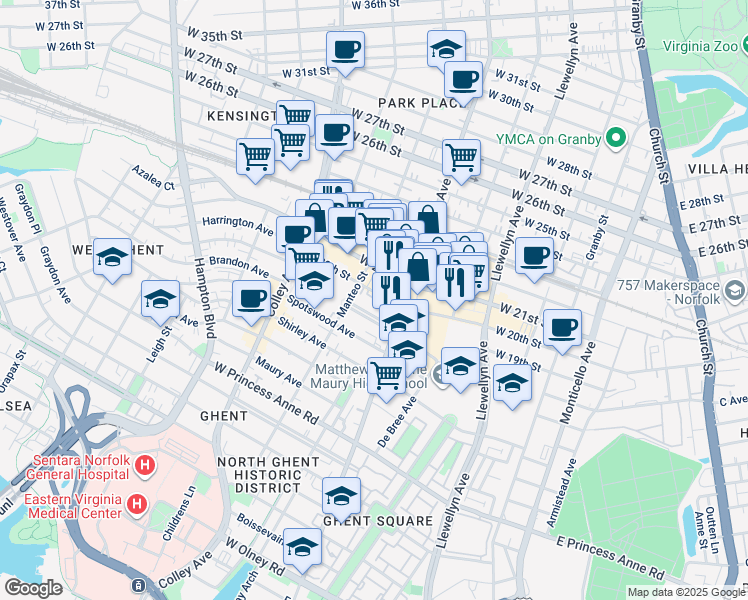 map of restaurants, bars, coffee shops, grocery stores, and more near 517 West 20th Street in Norfolk