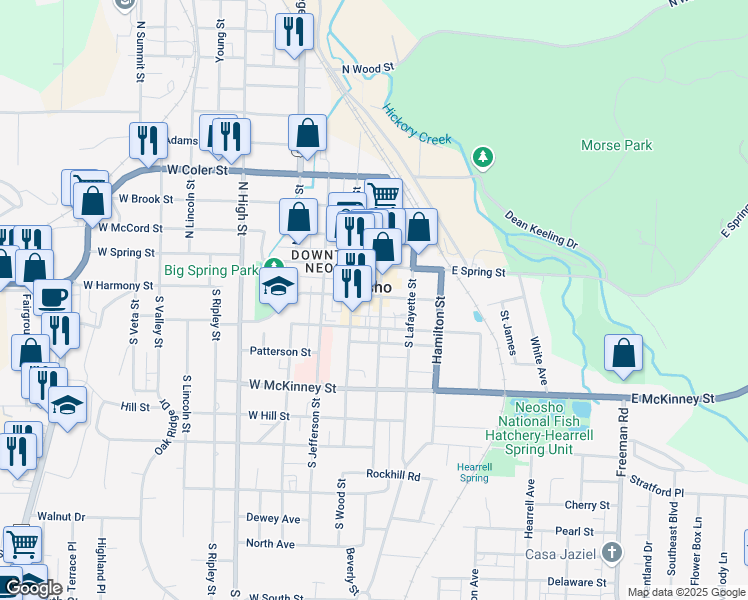 map of restaurants, bars, coffee shops, grocery stores, and more near in Neosho