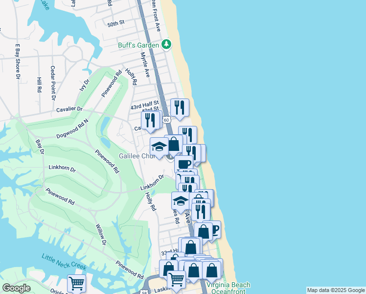 map of restaurants, bars, coffee shops, grocery stores, and more near 4004 Atlantic Avenue in Virginia Beach