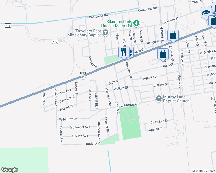 map of restaurants, bars, coffee shops, grocery stores, and more near 1209 Ruth Street in Sikeston