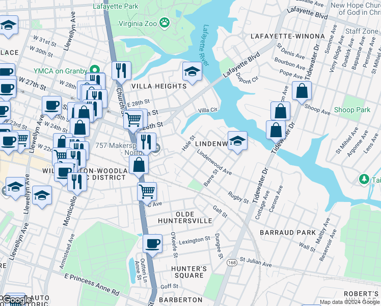 map of restaurants, bars, coffee shops, grocery stores, and more near 2423 West Avenue in Norfolk