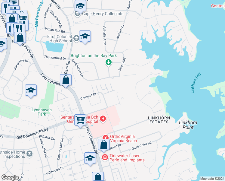 map of restaurants, bars, coffee shops, grocery stores, and more near 1107 Vintage Court in Virginia Beach