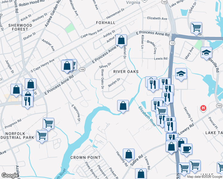 map of restaurants, bars, coffee shops, grocery stores, and more near 1320 Gabriel Drive in Norfolk