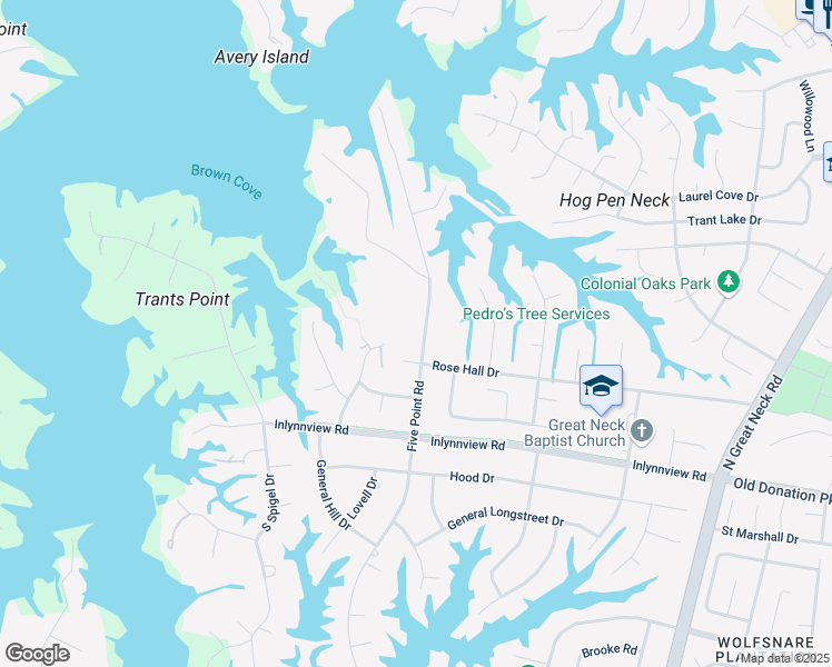 map of restaurants, bars, coffee shops, grocery stores, and more near 1113 Five Point Road in Virginia Beach