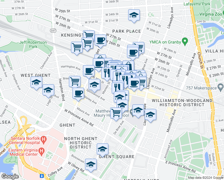 map of restaurants, bars, coffee shops, grocery stores, and more near 517 West 20th Street in Norfolk