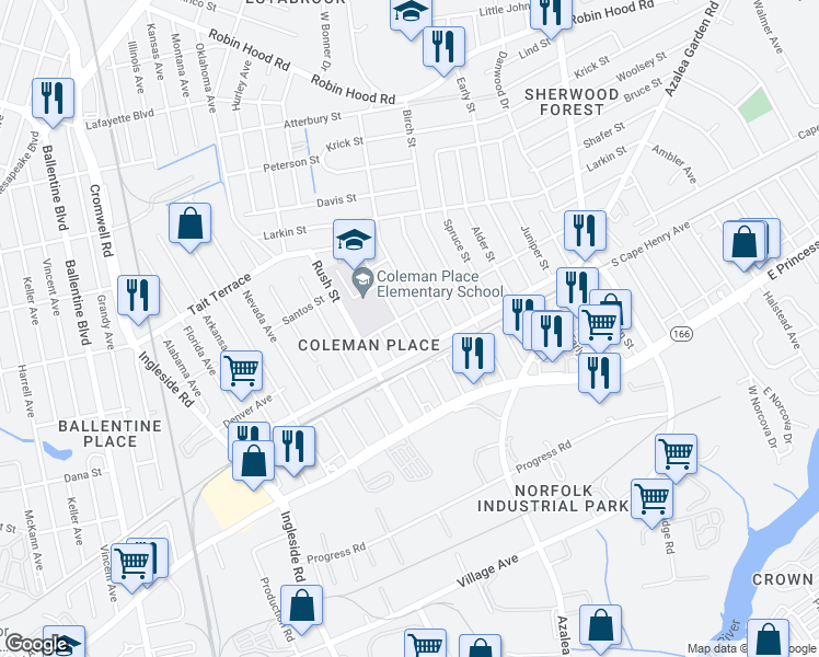 map of restaurants, bars, coffee shops, grocery stores, and more near 2320 Palmyra Street in Norfolk