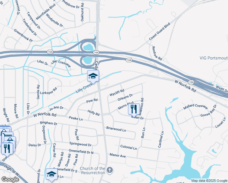 map of restaurants, bars, coffee shops, grocery stores, and more near 4912 Wycliff Rd in Portsmouth