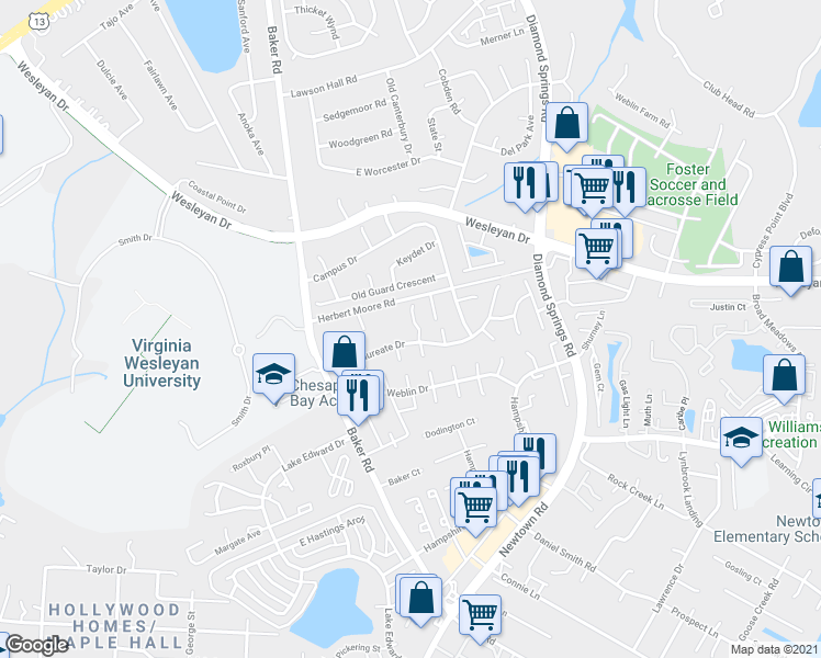 map of restaurants, bars, coffee shops, grocery stores, and more near 811 Tuition Court in Virginia Beach