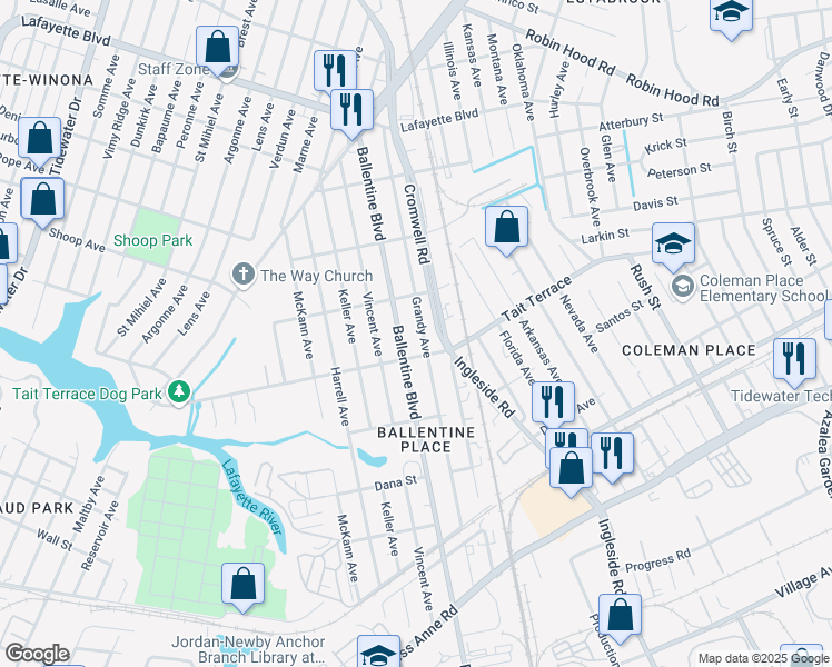 map of restaurants, bars, coffee shops, grocery stores, and more near 2617 Grandy Avenue in Norfolk