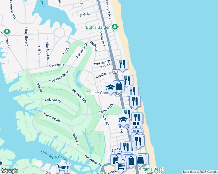map of restaurants, bars, coffee shops, grocery stores, and more near 3972 Oakridge Circle in Virginia Beach
