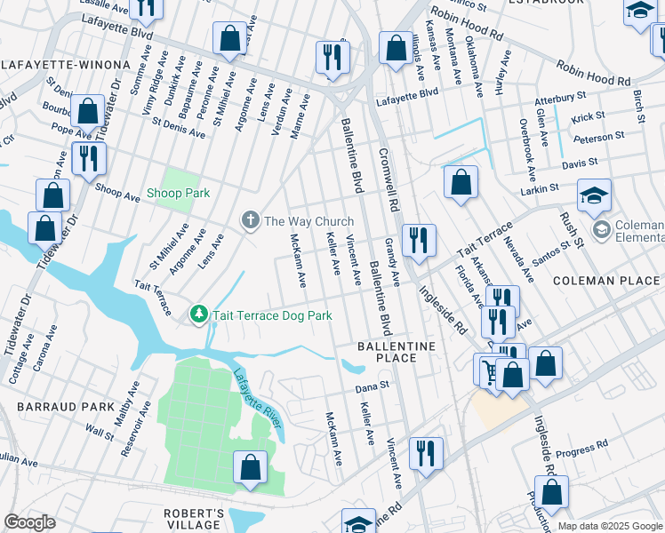 map of restaurants, bars, coffee shops, grocery stores, and more near 2631 Keller Avenue in Norfolk