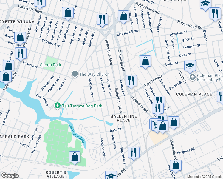 map of restaurants, bars, coffee shops, grocery stores, and more near 2624 Vincent Avenue in Norfolk