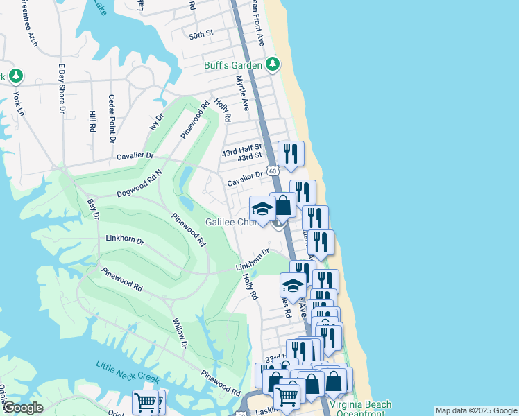 map of restaurants, bars, coffee shops, grocery stores, and more near 3968 Oakridge Circle in Virginia Beach