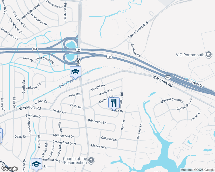 map of restaurants, bars, coffee shops, grocery stores, and more near 4837 Wycliff Road in Portsmouth