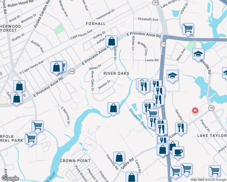 map of restaurants, bars, coffee shops, grocery stores, and more near 5385 Hummel Drive in Norfolk