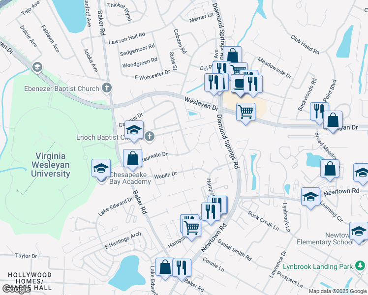 map of restaurants, bars, coffee shops, grocery stores, and more near 5411 Campus Drive in Virginia Beach