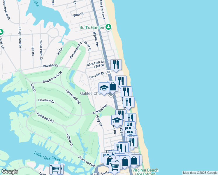 map of restaurants, bars, coffee shops, grocery stores, and more near 4065 Harlow Street in Virginia Beach
