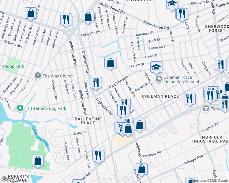 map of restaurants, bars, coffee shops, grocery stores, and more near 2518 Arkansas Avenue in Norfolk