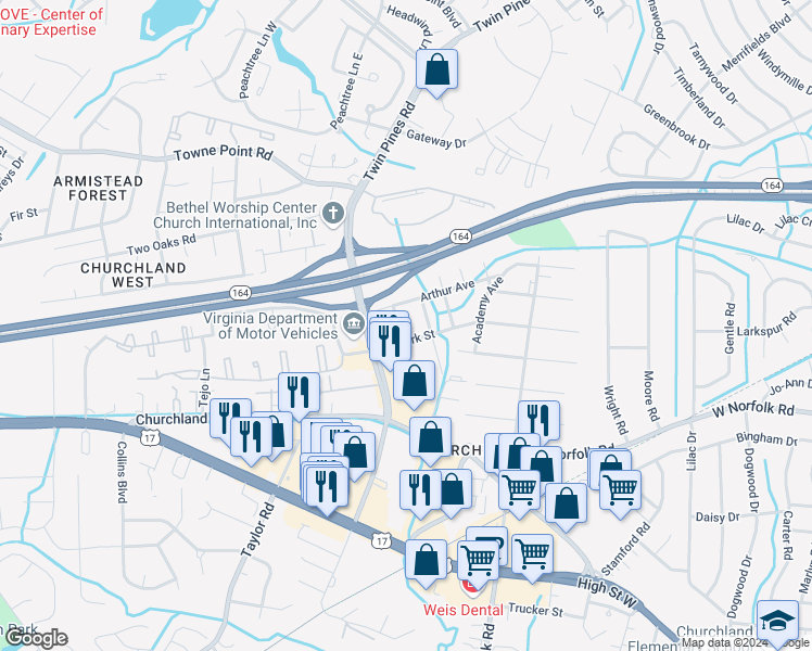 map of restaurants, bars, coffee shops, grocery stores, and more near 3600 Pierce Street in Portsmouth