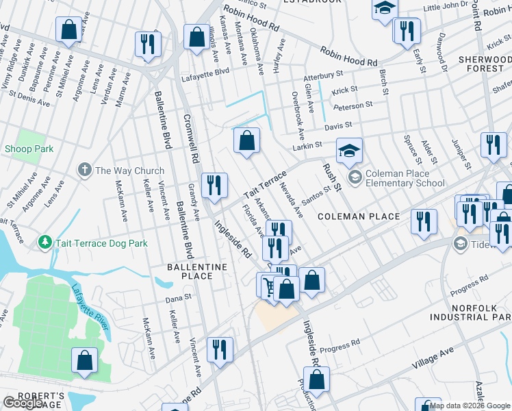 map of restaurants, bars, coffee shops, grocery stores, and more near 2518 Arkansas Avenue in Norfolk