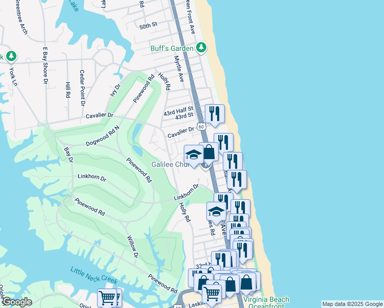 map of restaurants, bars, coffee shops, grocery stores, and more near 3968 Oakridge Circle in Virginia Beach