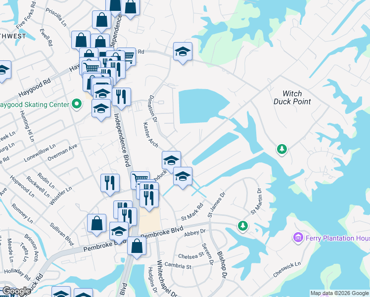 map of restaurants, bars, coffee shops, grocery stores, and more near 4444 North Witchduck Road in Virginia Beach