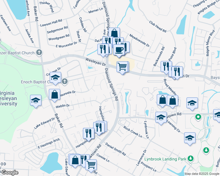 map of restaurants, bars, coffee shops, grocery stores, and more near 804 Tuition Drive in Virginia Beach