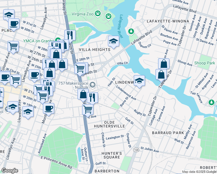 map of restaurants, bars, coffee shops, grocery stores, and more near 2426 Hale Street in Norfolk