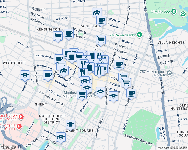 map of restaurants, bars, coffee shops, grocery stores, and more near 2000 Colonial Avenue in Norfolk