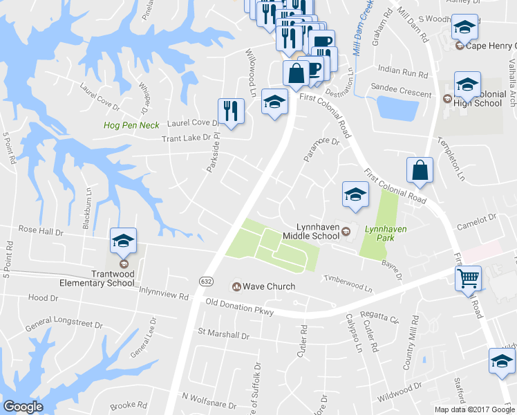 map of restaurants, bars, coffee shops, grocery stores, and more near 2116 Cocoa Circle in Virginia Beach