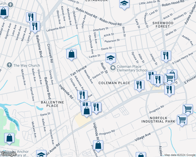 map of restaurants, bars, coffee shops, grocery stores, and more near 2436 Minnesota Avenue in Norfolk