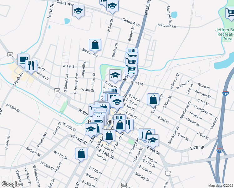 map of restaurants, bars, coffee shops, grocery stores, and more near 100 East 3rd Street in Hopkinsville