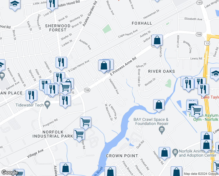 map of restaurants, bars, coffee shops, grocery stores, and more near 1432 Shelton Avenue in Norfolk