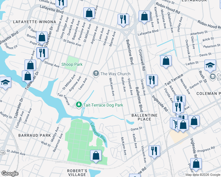 map of restaurants, bars, coffee shops, grocery stores, and more near 2635 McKann Avenue in Norfolk
