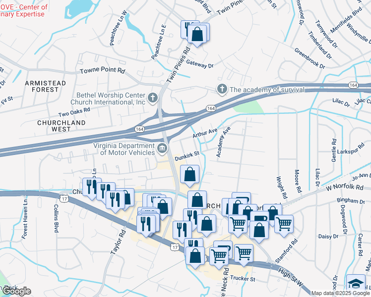 map of restaurants, bars, coffee shops, grocery stores, and more near 3600 Pierce Street in Portsmouth