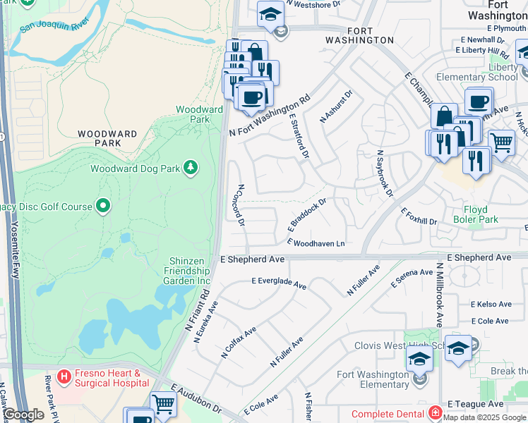 map of restaurants, bars, coffee shops, grocery stores, and more near 387 East Deer Creek Lane in Fresno