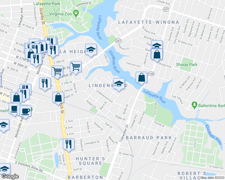 map of restaurants, bars, coffee shops, grocery stores, and more near 920 Hayes Street in Norfolk