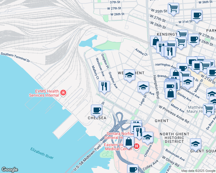 map of restaurants, bars, coffee shops, grocery stores, and more near 1247 Westover Avenue in Norfolk