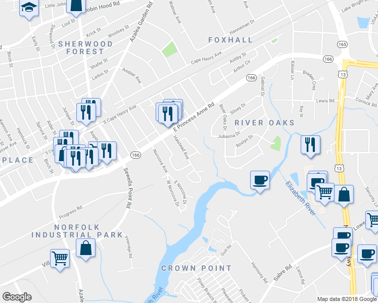 map of restaurants, bars, coffee shops, grocery stores, and more near 1400 Halstead Avenue in Norfolk