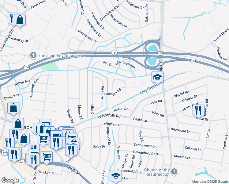 map of restaurants, bars, coffee shops, grocery stores, and more near 3601 Hosiers Oaks Drive in Portsmouth