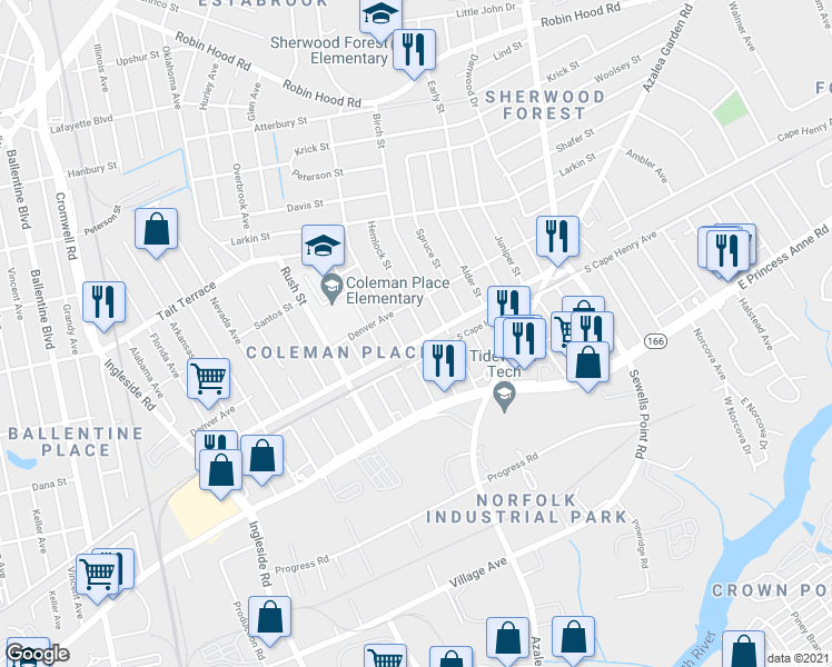 map of restaurants, bars, coffee shops, grocery stores, and more near 2305 Hemlock Street in Norfolk