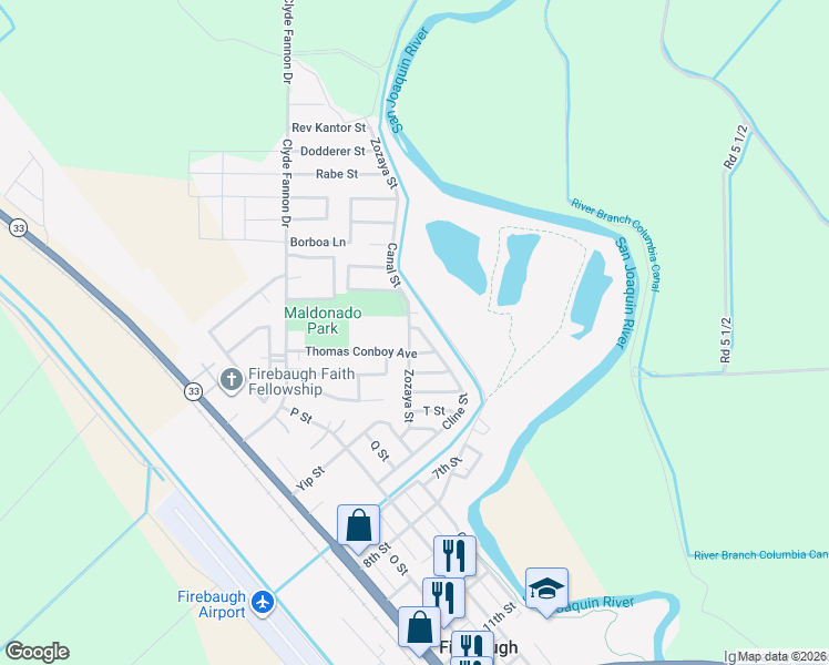 map of restaurants, bars, coffee shops, grocery stores, and more near 2253 Zozaya Street in Firebaugh