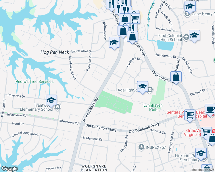 map of restaurants, bars, coffee shops, grocery stores, and more near 2125 Cocoa Circle in Virginia Beach