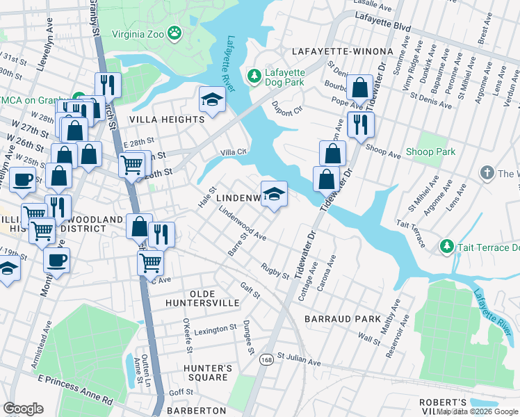 map of restaurants, bars, coffee shops, grocery stores, and more near 920 Hayes Street in Norfolk