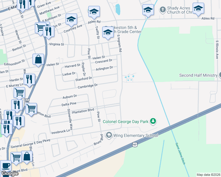 map of restaurants, bars, coffee shops, grocery stores, and more near Bucklin Cir in Sikeston