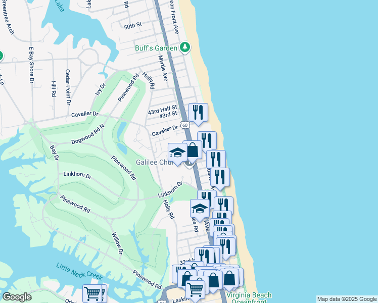 map of restaurants, bars, coffee shops, grocery stores, and more near 200 Glenn Miller Street in Virginia Beach