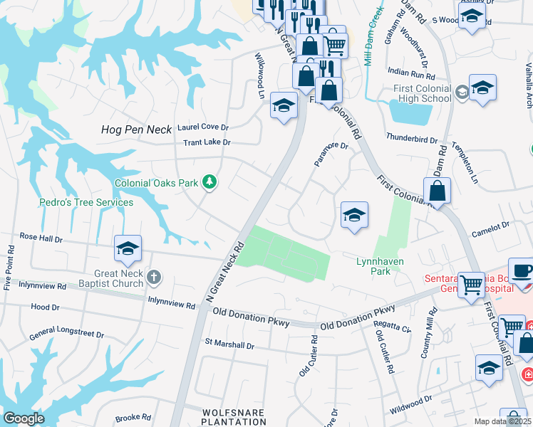 map of restaurants, bars, coffee shops, grocery stores, and more near 2116 Cocoa Circle in Virginia Beach